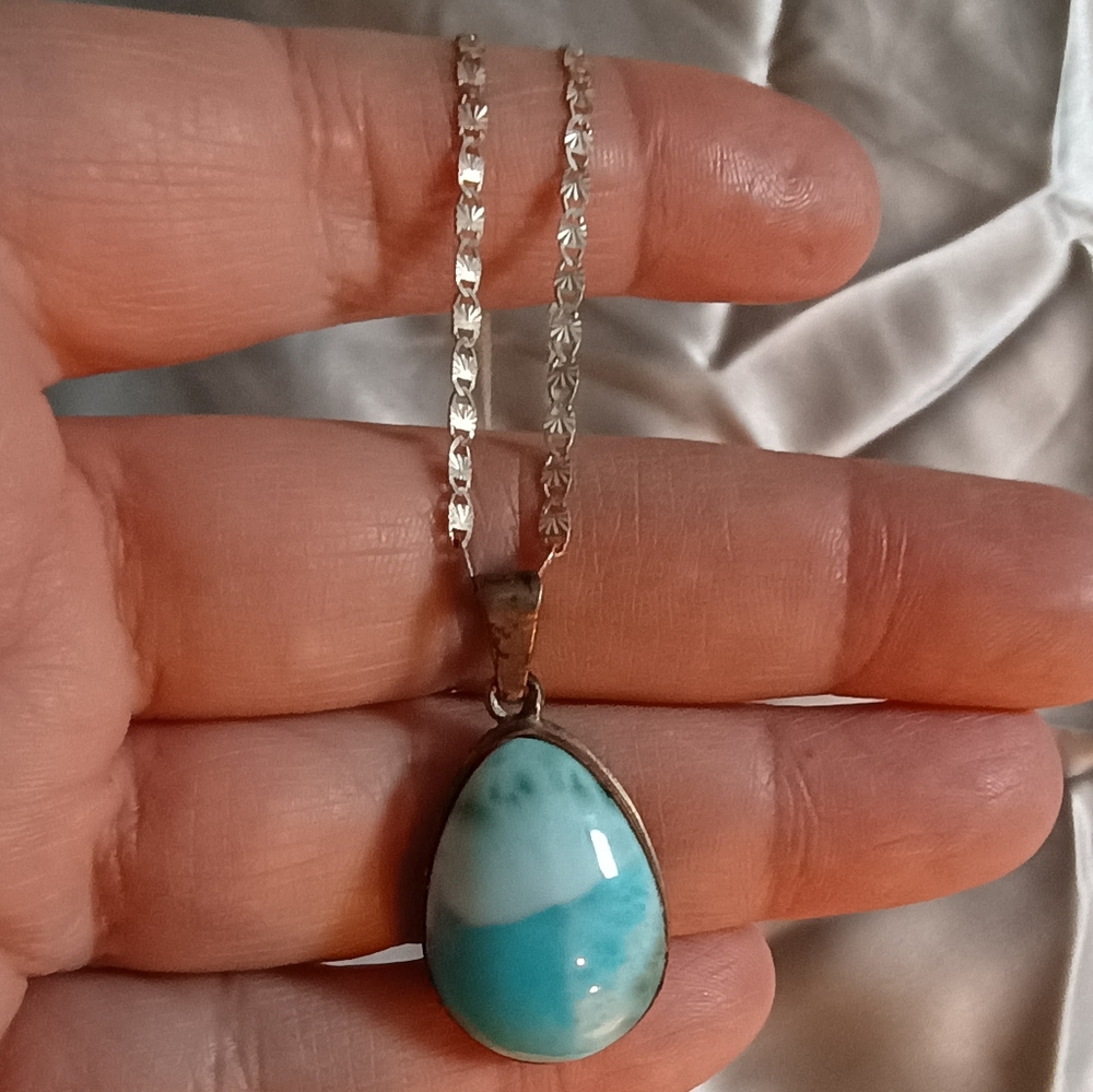 Vtg Larimar Teardrop Cabochon  Handmade Artisan Pendant Sterling Silver Necklace